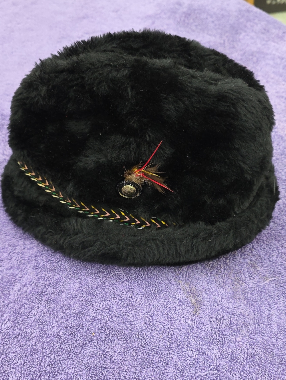 Men's Black Faux Fur Bucket Hat with Feather & Braided Trim
